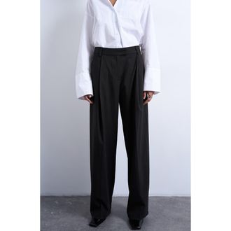 Topshop Pinstripe Pleated Wide Leg Pants in Brown at Nordstrom, Size 10 Us