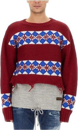 Dsquared2 Wollen Jacquard Gebreide Trui - Heren - Ronde hals truien - Veelkleurig - M - Wol - Truien & Vesten
