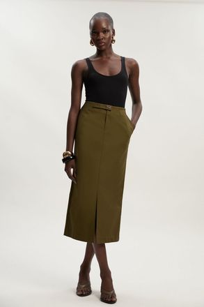 Karen Millen Womens Techno Hardware Detail Woven Midi Pencil Skirt - Khaki Cotton - Size 10 UK