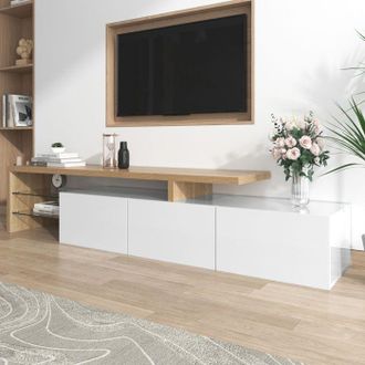 OEM Mueble De Tv Moderno, Blanco Lacado, Aspecto Madera, 3 Puertas, Estantes De Vidrio, Iluminaci&oacute;n Led, Mueble De Sal&oacute;n, 195 X 39 X 42 Cm