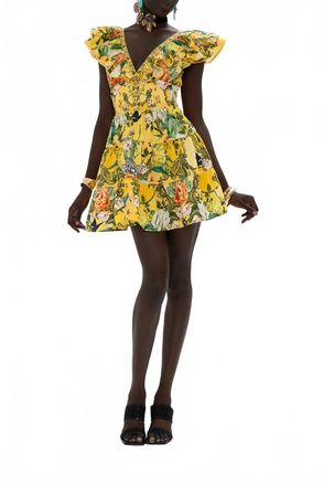 Camilla Tiered Short Dress With Neck Frill In Paths Of Gold