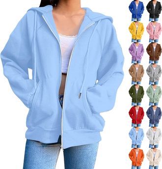 Generic Full Zip Hooded Sweatshirt for Women Casual Solid Color Hoodies Ladies Long Sleeve Jacket Tops with Pocket Autumn Winter Sweatshirts with Hood Fleece 