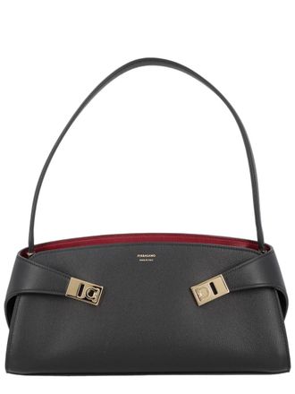 Ferragamo Black Gold Accent Calf Leather Shoulder Bag
