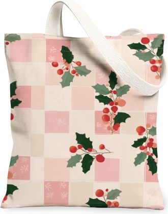 Generic Holly Pattern Canvas Tote Bags, Festive Floral Design Reusable Grocery Bags, Winter Vintage Lightweight Washable Shoulder Strap Canvas for Shopping Tr