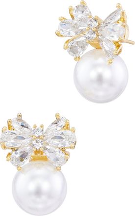 Savvy Cie Jewels GOLD PLATED OVER BRASS SHELL PEARLS WITH WHITE CZ STUD BOW EARRINGS