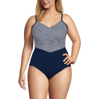 Lands End Slender Suit V-neck Pleated X-back One Piece Swimsuit Adjustable Straps in Deep Sea Navy Mini Stripe at Nordstrom, Size 22W