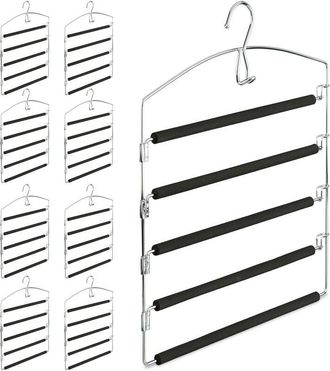 Relaxdays 9 Perchas M&uacute;ltiples De Metal, Pantalones Y Faldas, Antideslizante, Hxlxp: 44, 5 X 37 X 2,7 Cm, Plata/negro
