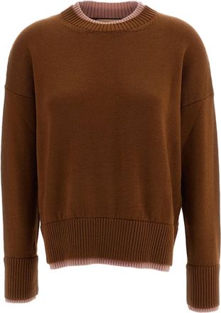 Plan C Brown Pink Merino Wool Double-Layer Crewneck Sweater