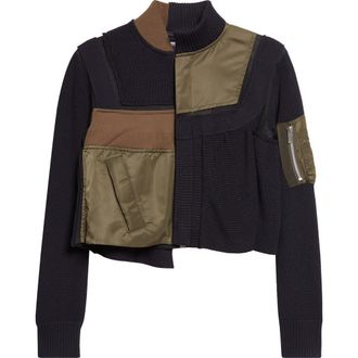 sacai Patchwork Mixed Media Crop Jacket in Dark Khaki/Navy at Nordstrom, Size 2
