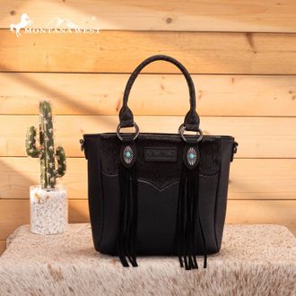 Montana West Hair-On Hide Concealed Carry Tote Bag With Tooled Strap In Black