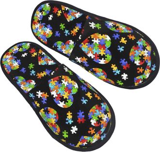 Generic Slippers Autism Awareness Puzzle Pieces Heart Soft Plush Slippers Non-Slip Anti-Slide Slipper For Winter Men Women M