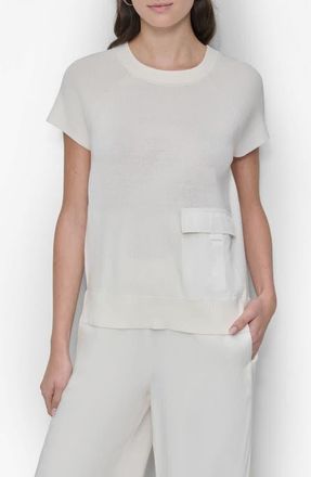 DKNY Satin Pocket Short Sleeve Sweater in Ivory at Nordstrom, Size X-Large