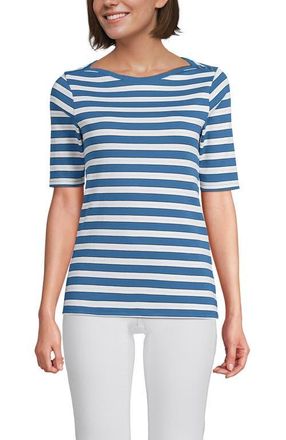 Lands End Supima Cotton Elbow Sleeve Boatneck Button Shoulder Tee in Teal Blue Ocean Multi Stripe at Nordstrom, Size X-Large P