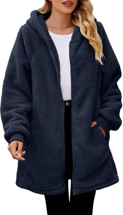 Generic Ladies Long Fleece Jackets Full Zip with Hooded, Warm Teddy Fleece Longline Hoodie with Pockets, Ladies Soft Plush Long Coat for Winter, Outdoor therm