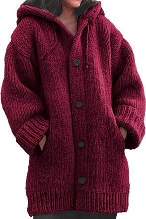 Generic Womens Thick Knitted Cardigan Hoodie Sweater Long Sleeve Warm Pullover Coat Wine Red X-Large