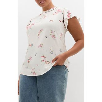 City Chic Fleur Print Woven Shirt in Ivory Petal at Nordstrom, Size Xxxs