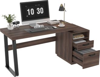 STILVORA Escritorio Recto Con 1 Caj&oacute;n Y 1 Hueco Abierto, Almacenaje Para Archivadores, En Mdf Y Metal, 135 X 54 Cm, Marr&oacute;n