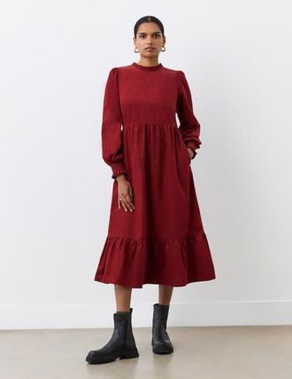 Finery Esme Long Sleeve Corduroy Midi Dress in Rust at Nordstrom, Size 12