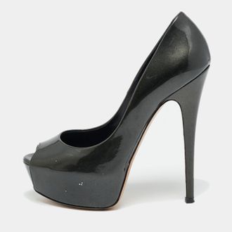 Casadei Size 36 Metallic Grey Patent Leather Peep Toe Pumps