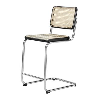 Thonet S 32 VHT Barstuhl SH 64 cm, Chrom / Buche schwarz gebeizt / Rohrgeflecht mit Kunststoffst&uuml;tzgewebe