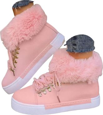 Generic Womens Winter Boots - Lace Up Warm Fuzzy Casual Ankle Booties, Platform Outdoor Shoes for Cold Weather(Pink,6.5)