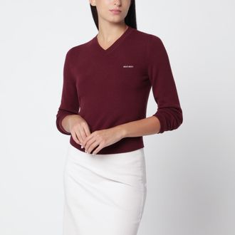 Miu Miu Maglione color amaranto in lana con scollo a V