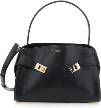 Ferragamo Hug Black Shoulder Bag With Logo Print On The Front In Leather