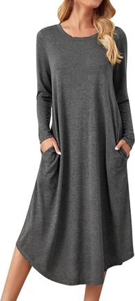 Generic Casual Tan Dress Autumn and Winter Women Clothing Solid Color Knitted Side Seam Straight Pocket Curved Hem Loose Dress Plus Size Summer Dresses