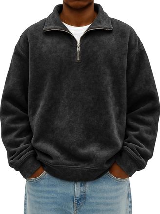 Generic Quarter Zip Up Sweatshirts Fleece Jacket Mens Thermal Loose Fit Pullover Stand Collar Shirts Fashion Casual Sweatshirt Winter Warm Sweaters 1/4 Zipper