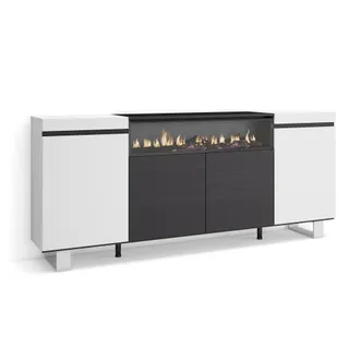 Skraut Home Aparadores Para Sal&oacute;n, Gran Capacidad De Almacenaje, 200x87x35cm, 4 Puertas, Chimenea El&eacute;ctrica, Dise&ntilde;o Industrial, Estilo Moderno, Blanco Y Negro - S