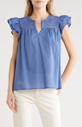 Melrose and Market Short Sleeve Eyelet Top in Blue Fjord at Nordstrom Rack, Size Xx-Small