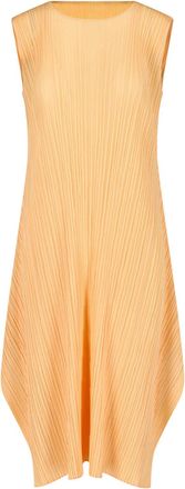 Pleats Please Issey Miyake Orange Pleated Asymmetrical Round-Neck Midi Dress