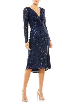 Mac Duggal Sequined Long Sleeve Midi Dress in Midnight at Nordstrom, Size 14