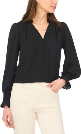 CeCe by Cynthia Steffe Half Placket Smocked Accent Top in Rich Black at Nordstrom, Size X-Large