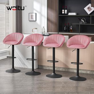 Woltu Woltu - Juego De 4 Taburetes De Bar De Terciopelo, Sillas De Bar Giratorias Ajustables, Color Rosa