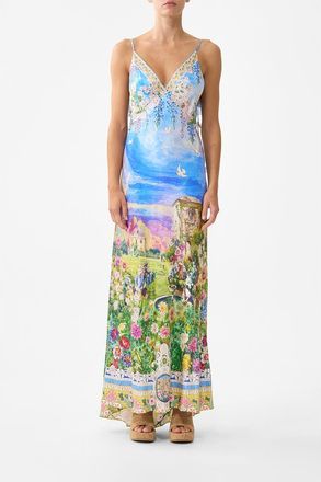 Camilla V Neck Bias Slip Dress With Back Frill in Nav&agrave;s Nouveau at Nordstrom, Size Xx-Large Au