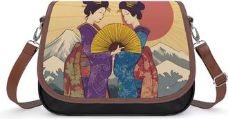 Generic Two Geisha in Kimonos Crossbody Bag Womens Handbag PU Message Bags Shoulder Purse with Adjustable Strap