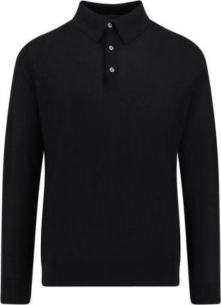 Kiton Zwarte polo met lange mouwen en ribboord - Heren - Polos - Zwart - XL - Katoen - Tops