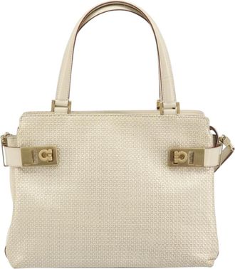 Ferragamo Double Gancini Side Buckle Tote Leather White Leather Handbag (Pre-Owned)