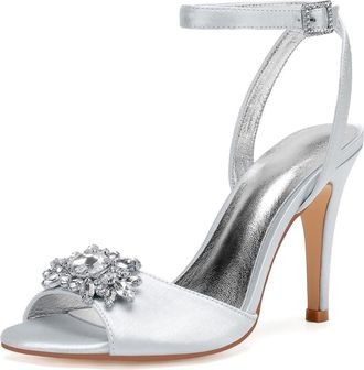Generic Wedding Bridal Heels Womens Ankle Strap Open Toe Stiletto High Heels Satin Heeled Sandals for Prom, Party, Daily 10.5Cm,Silver,3 UK