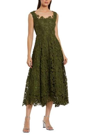Mac Duggal Sleeveless Square Neck Lace A-Line Midi Dress in Army Green at Nordstrom, Size 14