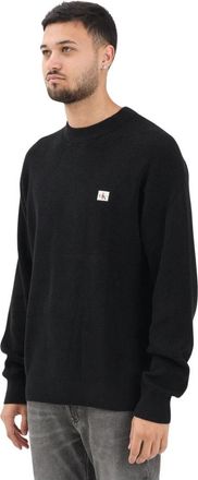 Calvin Klein Jeans Katoenen Wafel Gebreide Trui met Ronde Hals - Heren - Ronde hals truien - Zwart - S - Katoen - Truien & Vesten
