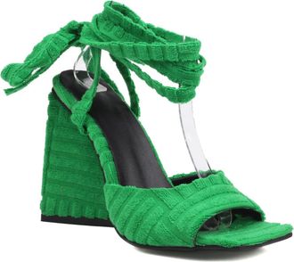 Generic Womens Square Open Toe Bridal Sandals Chunky High Heel Slingback Pumps Lace Up Wedding Party Prom Shoes,Green,3.5 UK