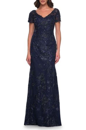 La Femme Gorgeous Beaded Long Gown with Short Sleeves and V Neck in Navy at Nordstrom, Size 12
