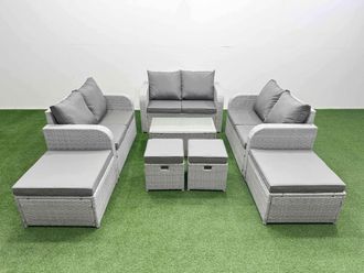 Fimous 8 PCs Rectangular Coffee Table Set Reclining Chair Inclining Sofa in Light Grey