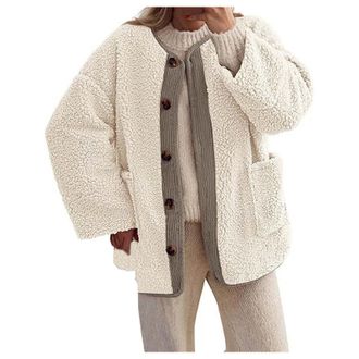 Generic DUHENWU Womens Winter Sherpa Fleece Jacket Coat Casual Long Sleeve Button up Fuzzy Sherpa Fleece Jackets Warm Winter Fluffy Teddy Cardigan Teddy Fleec