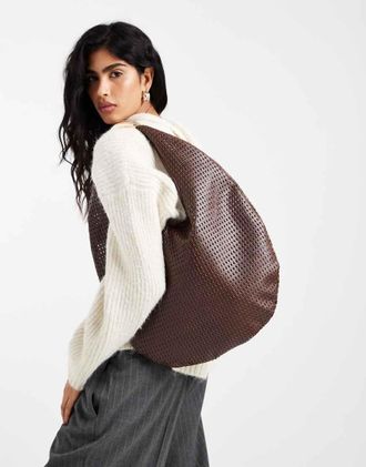 Glamorous Borsa da spalla grande intrecciata marrone con dettaglio in metallo dorato