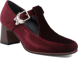 Generic Womens Velvet T Strap Pumps Butterfly Buckle Detail Square Toe Chunky Block Heel Non Slip Durable Comfortable Dress Daily Shoes,Red,4.5 UK