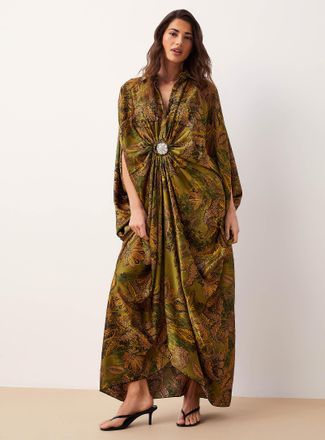 Icone Womens Luxurious satin crystal pin maxi shirt-collar tunic