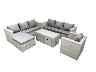 Fimous Wicker PE Rattan Sofa Garden Furniture Set with Oblong Coffee Table Armchair 3 Footstools Light Grey Mixed